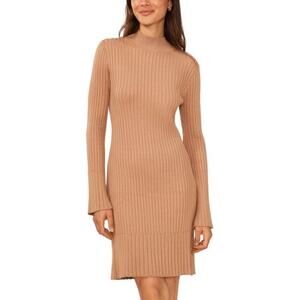 Halogen Sweater Dress Rib Mock Neck Long Sleeve Mini Camel Tan NWT Medium